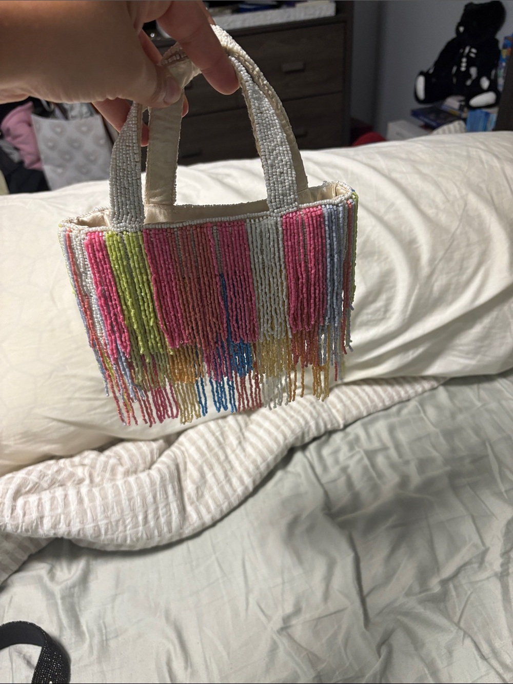 Beaded Fringe Mini Tote Bag - Cream with Multi Color Beads